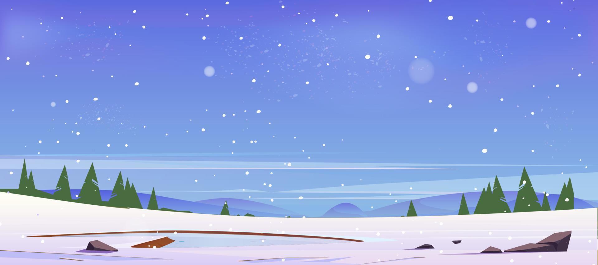 Cartoon winter nature landscape frozen pond, lake vector