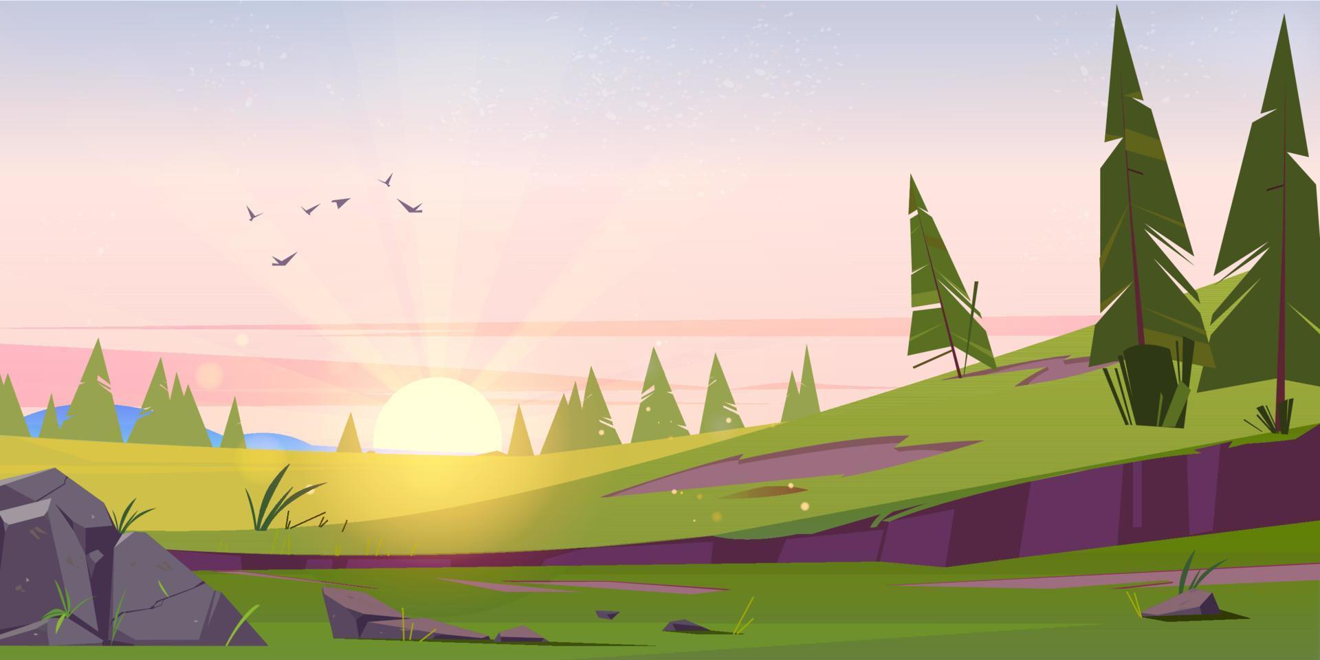 Early morning cartoon nature landscape, sunrise vector