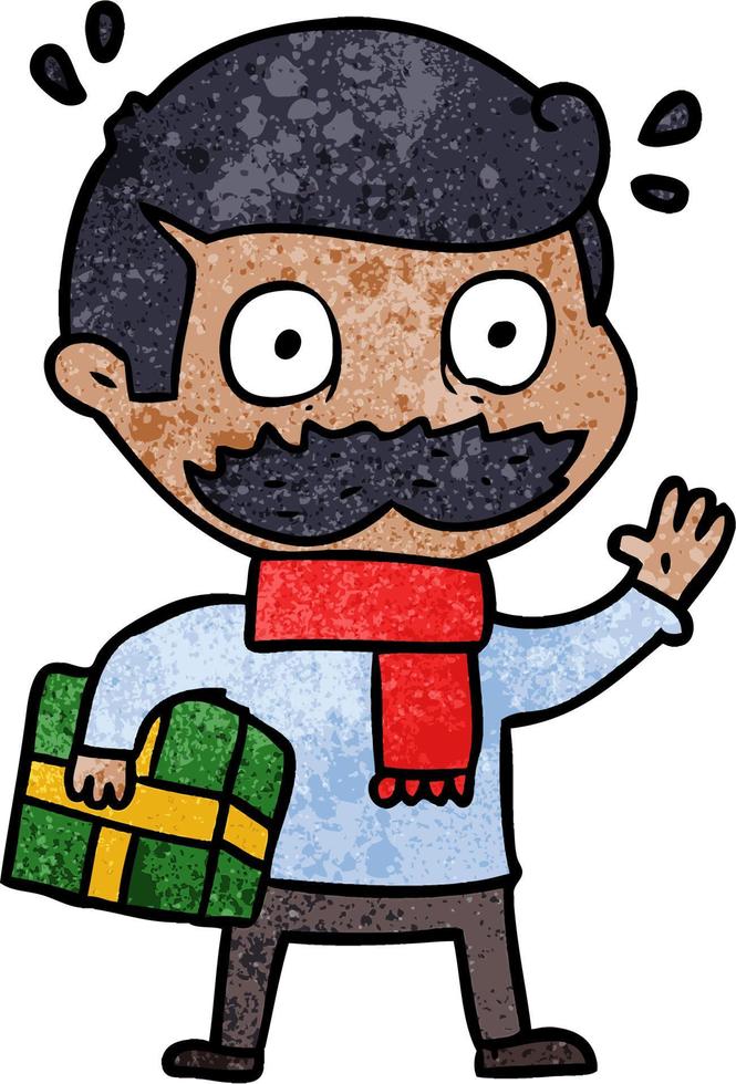 Retro grunge texture cartoon man with mustache surprised vector