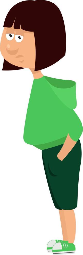 Girl with short hair wearing a green hoodie, illustration, vector on a white background.
