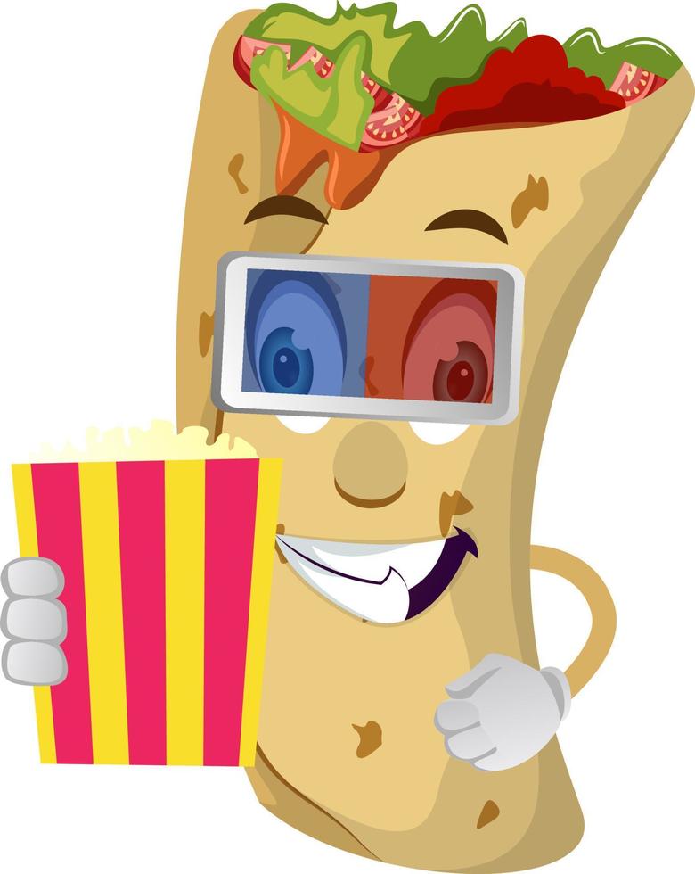 Burrito with popcorn, illustration, vector on white background.