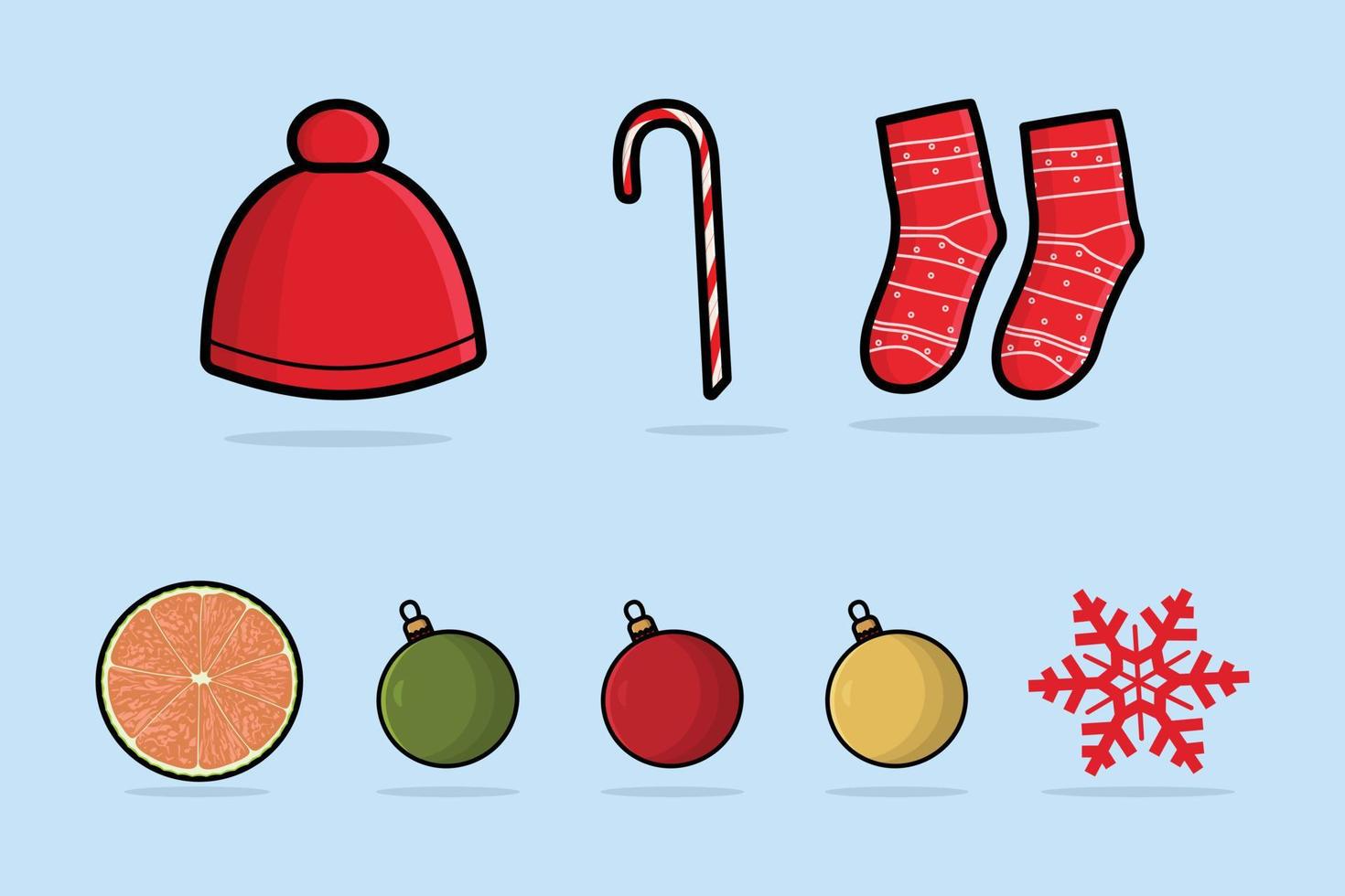 conjunto de símbolos de navidad y decoraciones vector icono ilustración. concepto de diseño de icono de objetos de vacaciones. elemento navideño, feliz navidad, objetos navideños, festival de invierno, decoración navideña.