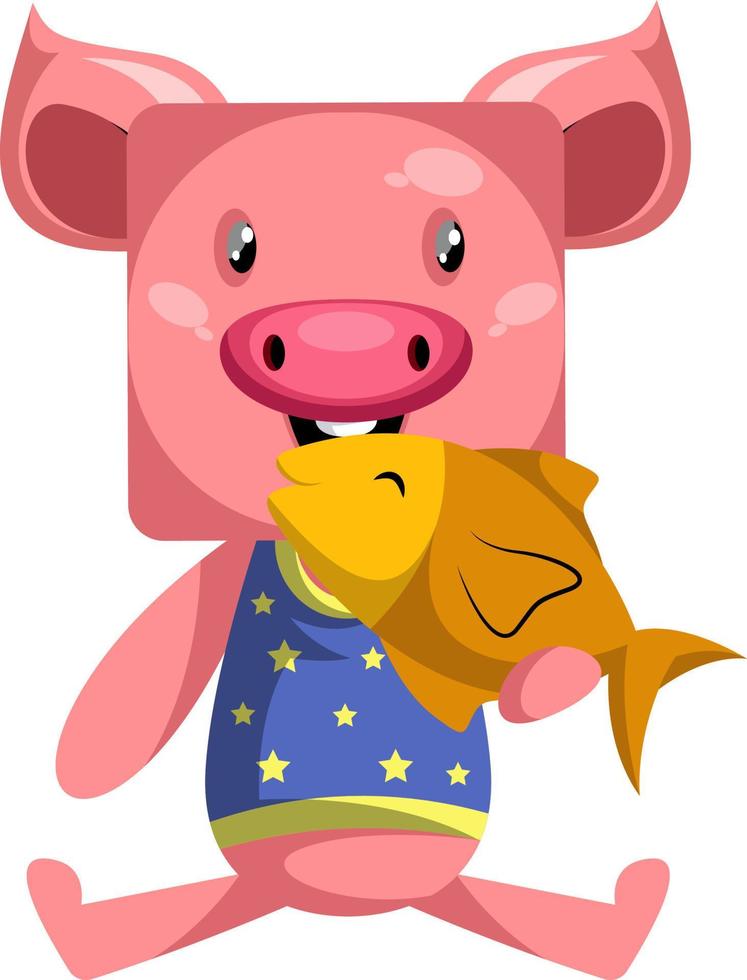 Pig with fish, illustration, vector on white background.