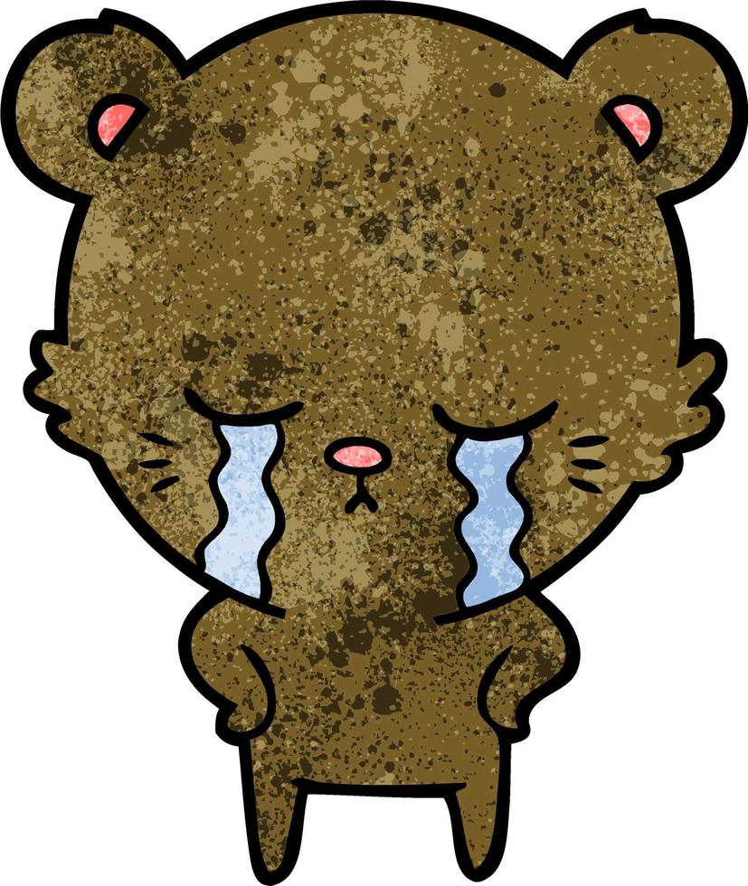 Retro grunge texture cartoon bear crying vector