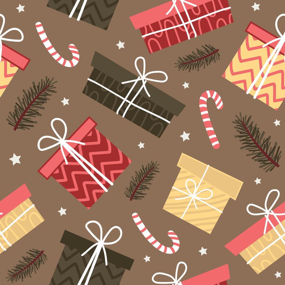 Christmas seamless vector pattern with gifts and Christmas elements. For fabrics, wrapping paper, wallpapers.