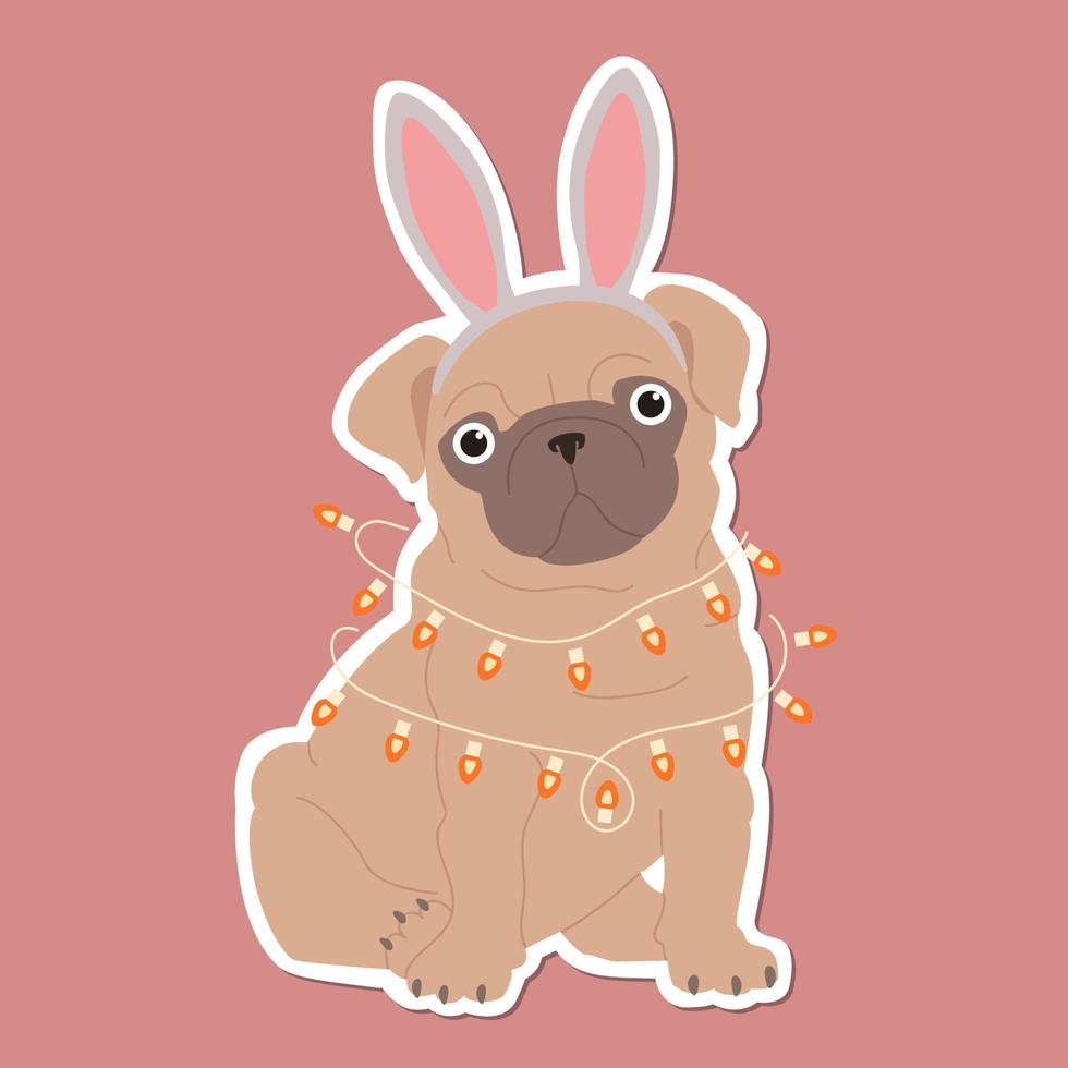 A pug with bunny ears is tangled in a Christmas garland. Cute hand drawn sticker illustration. vector