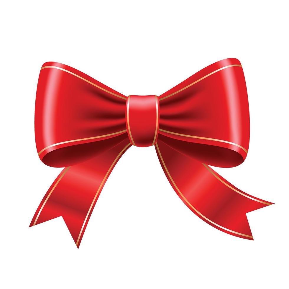 Red bow with gold border. Vector illustration. 3d picture.