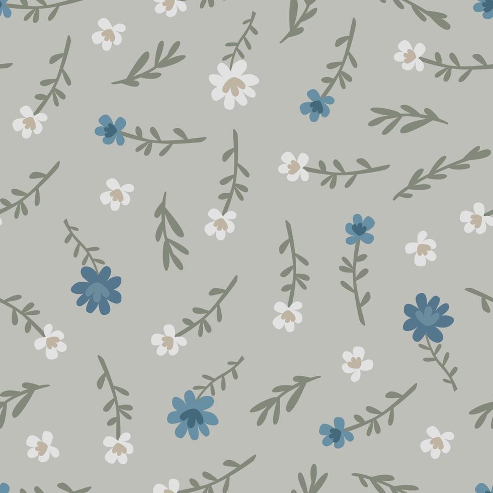 Seamless simple pattern of meadow flowers. Gray vector illustration.