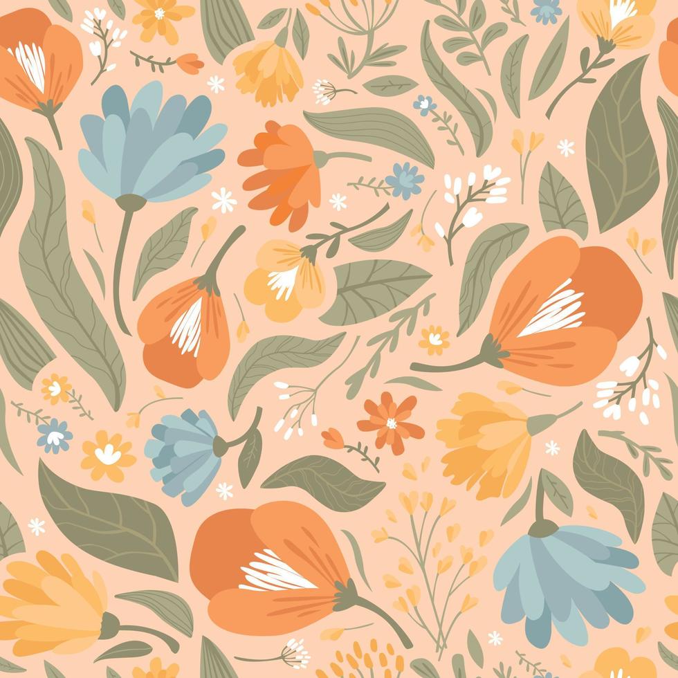 Orange seamless pattern of meadow flowers and leaves. Modern vector illustration.