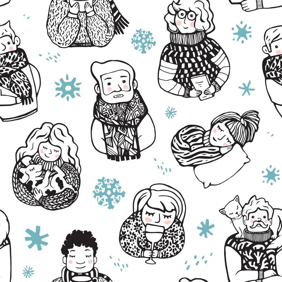 Funny winter seamless pattern with Cute people. for wrapping paper, postcards or other design. vector