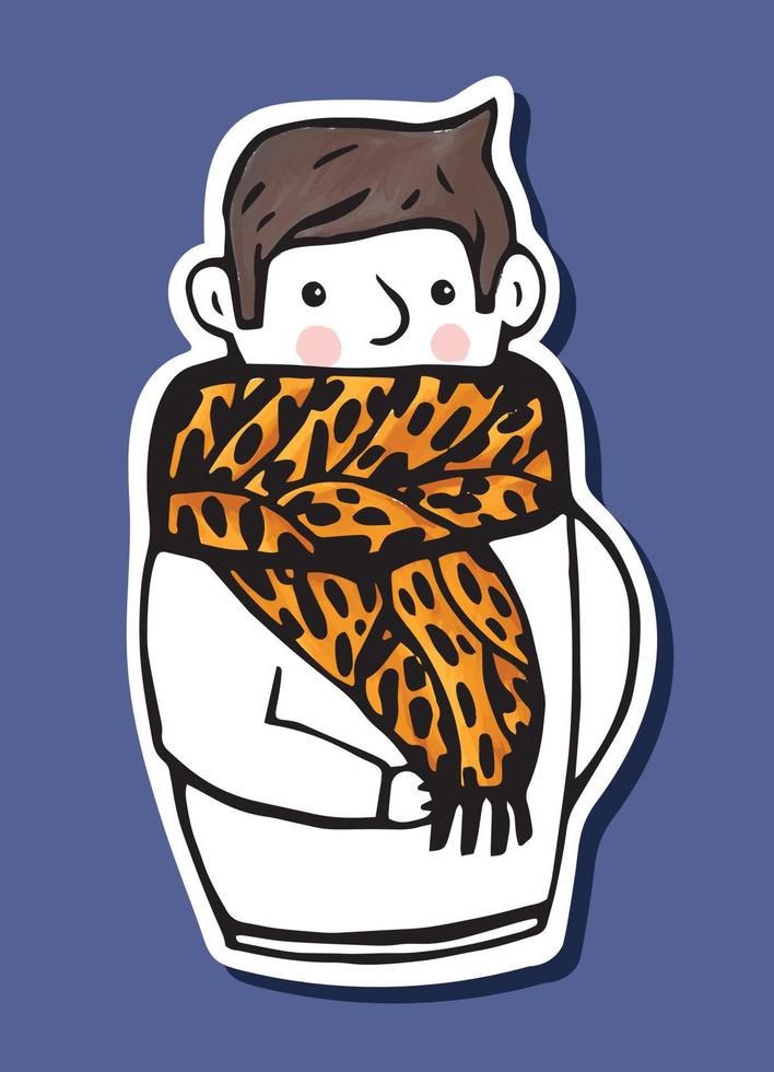 A man in a large leopard scarf. Cute hand drawn sticker illustration. vector