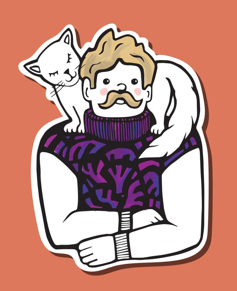 un hombre con bigote con un gato sobre sus hombros. Linda ilustración de pegatina dibujada a mano. vector