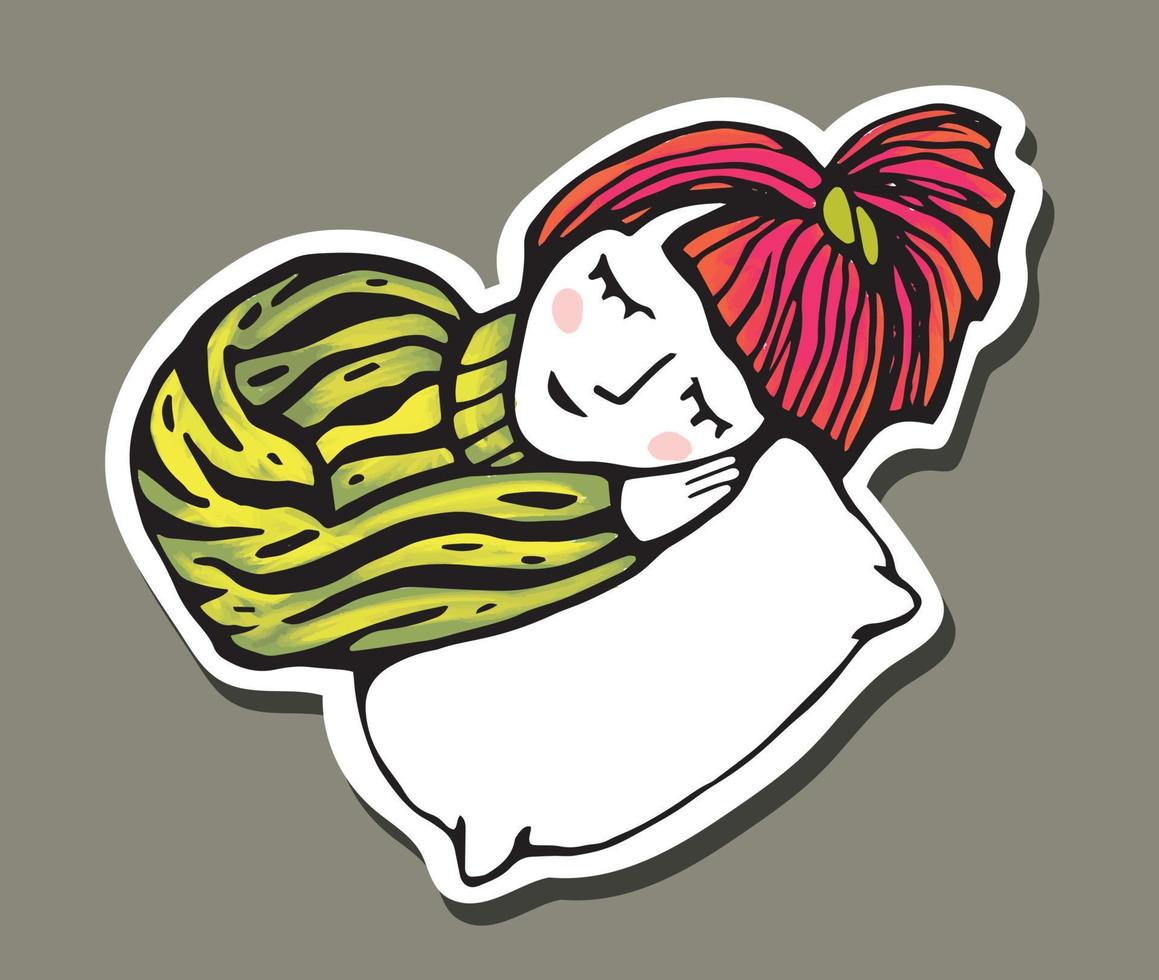 A girl in a sweater sleeps on a pillow. Cute hand drawn sticker illustration. vector
