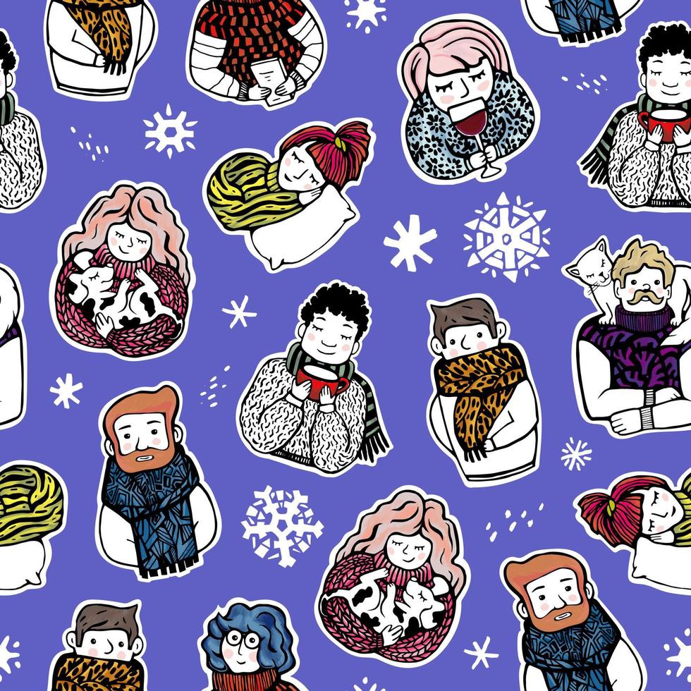 Cute people and pets with Christmas elements. Green funny winter seamless pattern for wrapping paper, background, postcards or other design. Isolated. vector