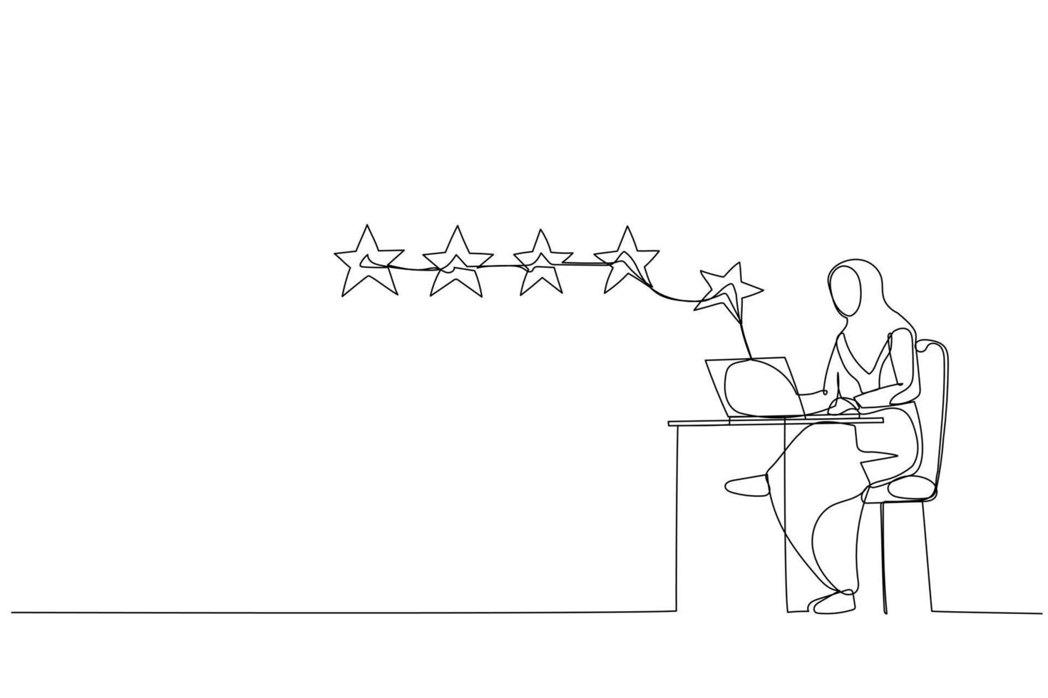 Drawing of muslim woman with computer give review to increase rate. Single continuous line art style vector