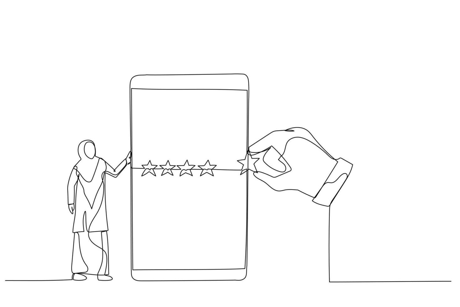 Cartoon of muslim woman standing with mobile phone with giant hand rating five stars. One line art style vector