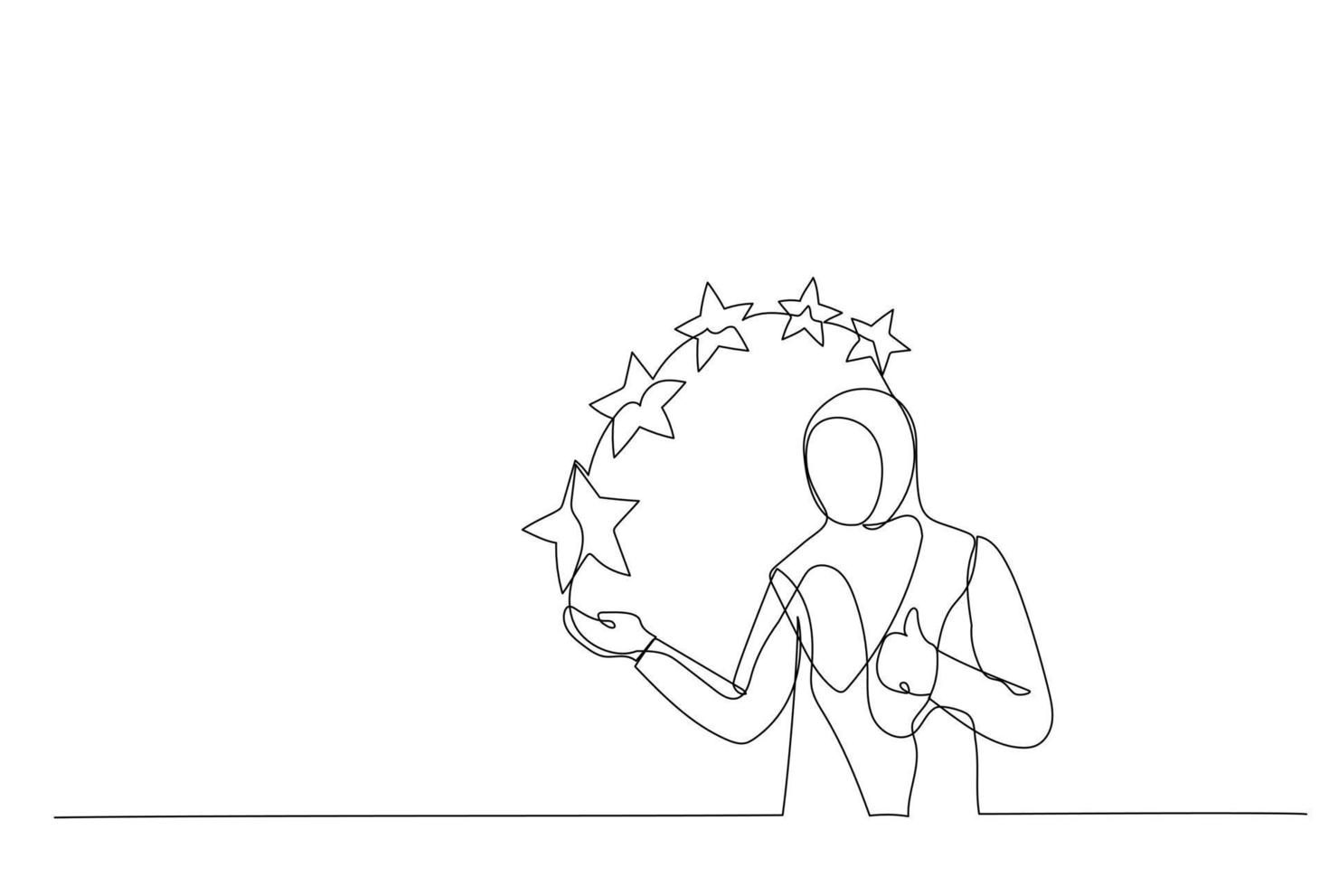 Cartoon of muslim woman give five stars feedback. Metaphor for successful work. One line style art vector