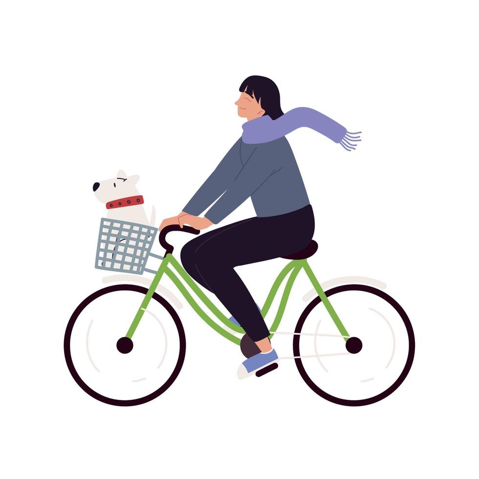 mujer y perro montando bicicleta vector