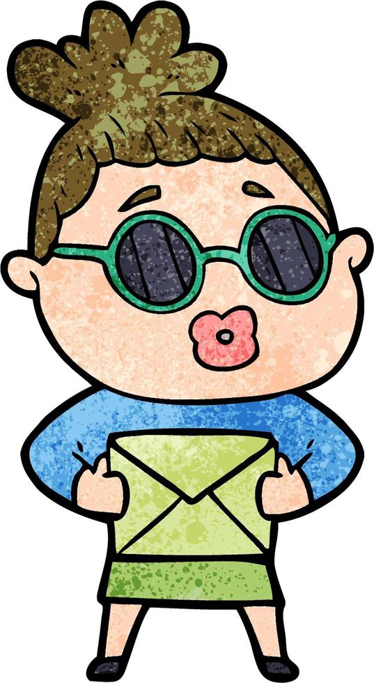 Retro grunge texture cartoon girl wearing glasses vector