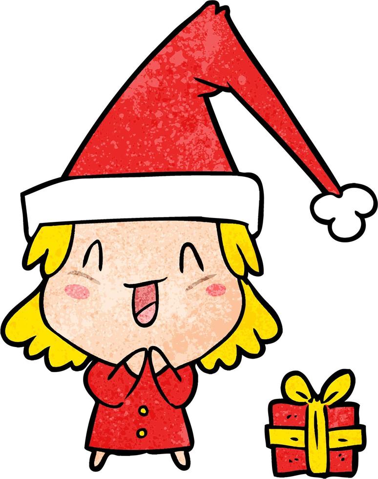 niña de dibujos animados de textura grunge retro con sombrero de navidad vector