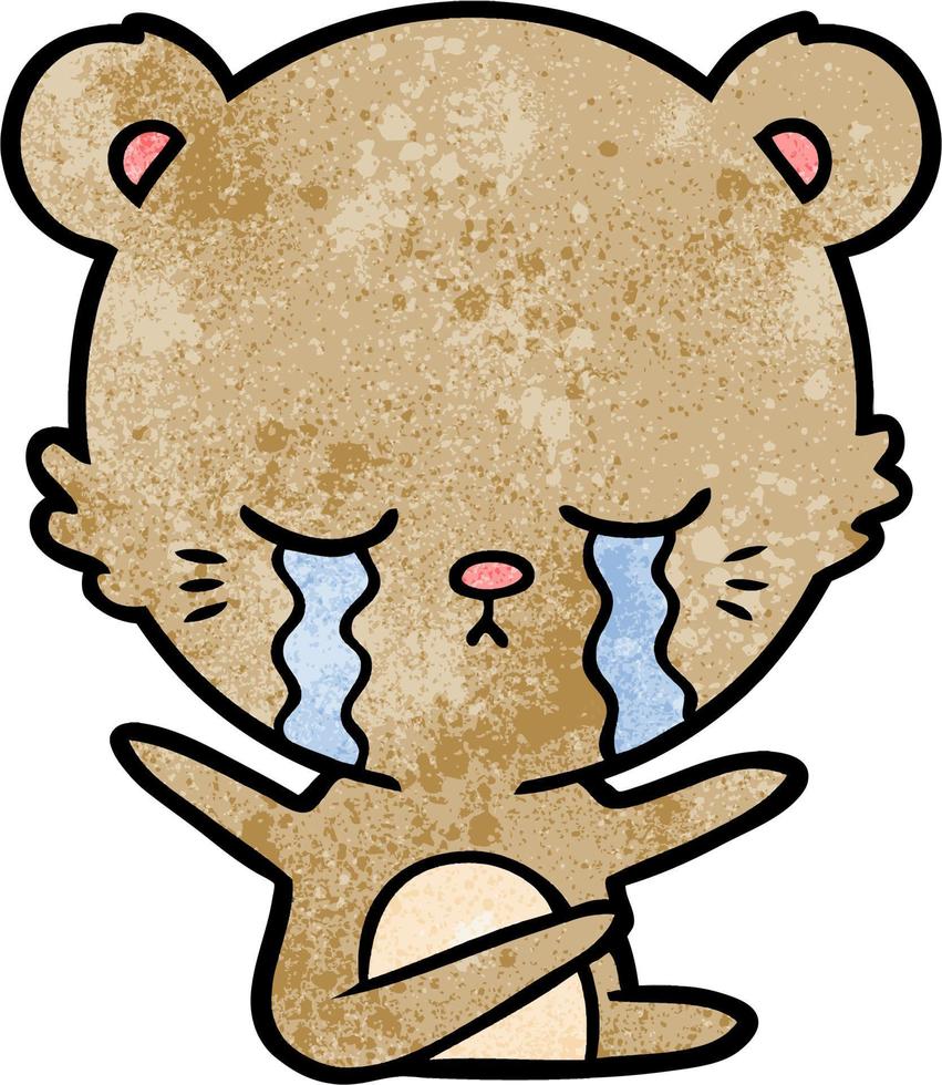 Retro grunge texture cartoon bear crying vector