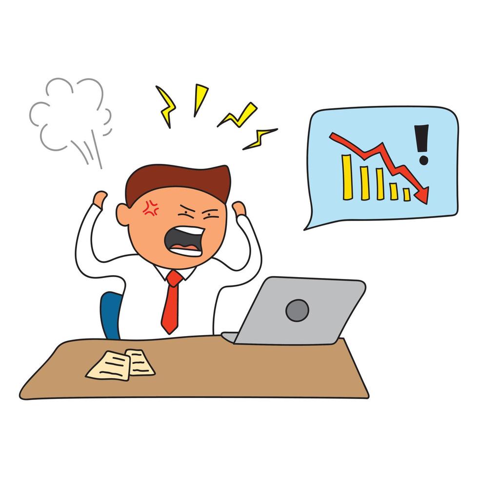 Vector Illustration kids drawing of angry stock trader losing money because stock crash. Investment loses, bankrupt, anger issues at work  in a cartoon style