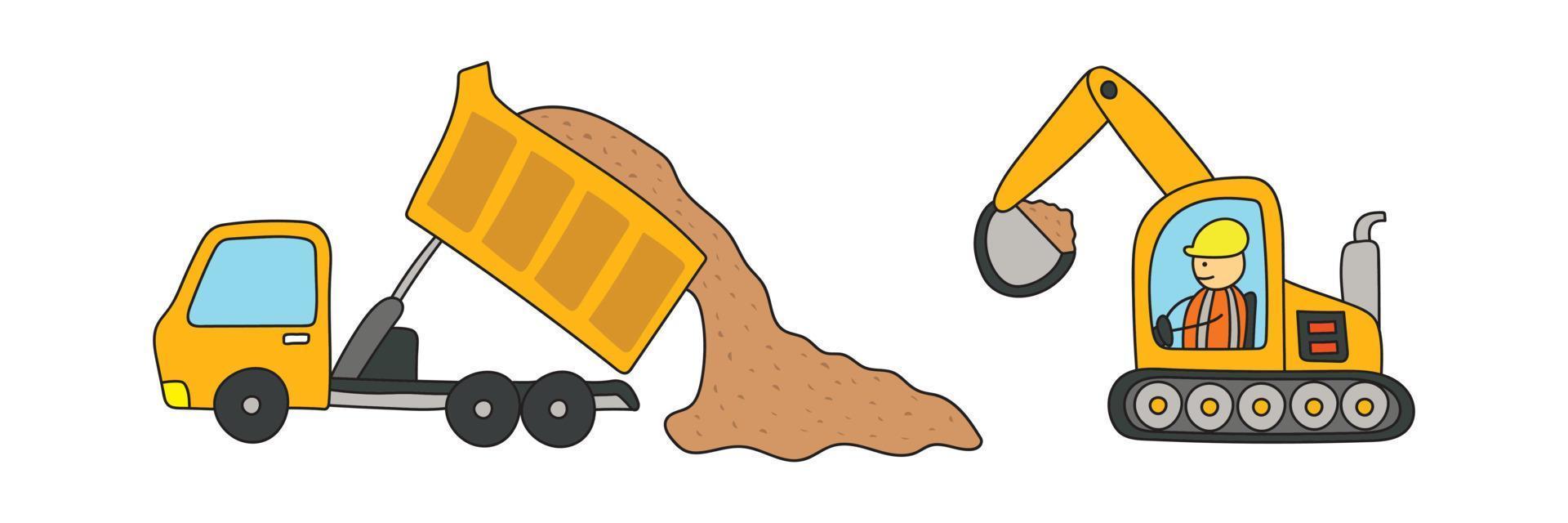 Vector Illustration kids drawing of construction vehicles, dump truck  unloading gravels and excavator dredging them. Construction site workplace  in a cartoon style 13830881 Vector Art at Vecteezy