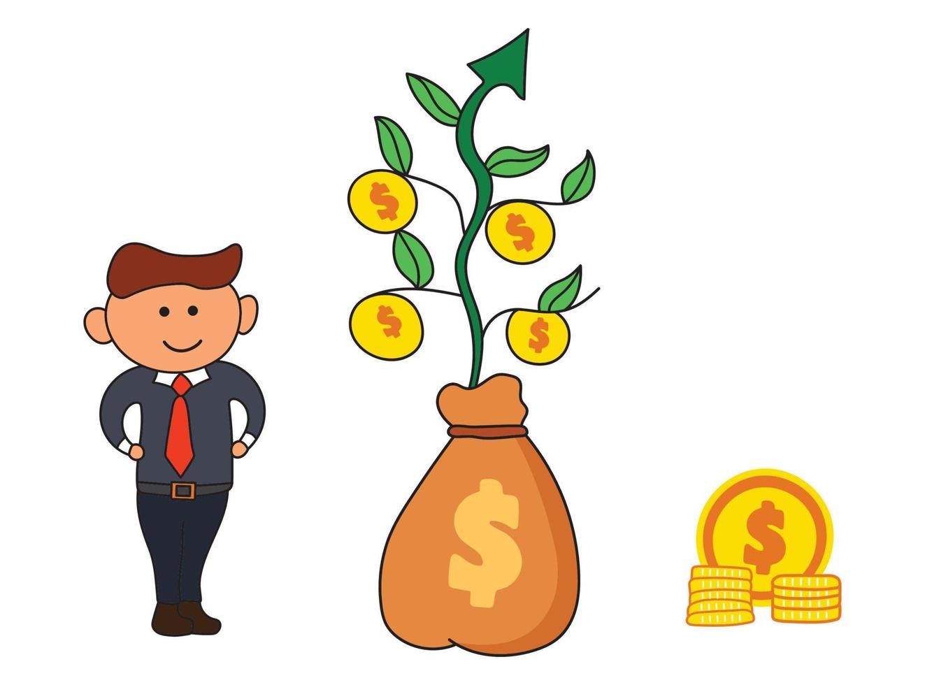 Vector Illustration kids drawing of Business man and Money Trees, Growing wealth plant in return of gold coins in branches in a cartoon style