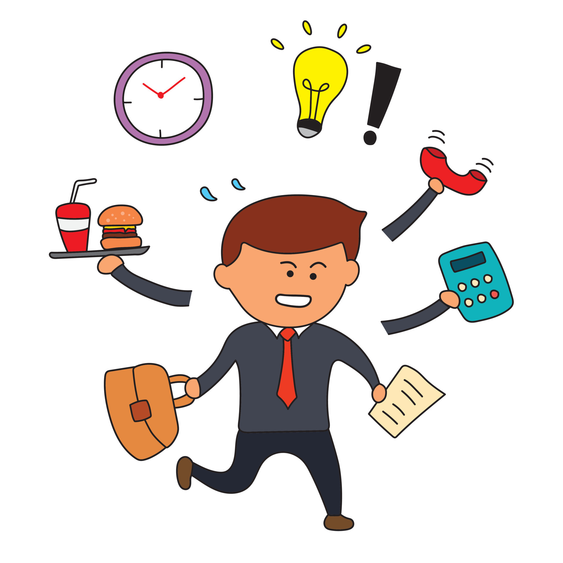 Vector Illustration kids drawing of Business man multitasking in a hurry at  work in a cartoon style 13830883 Vector Art at Vecteezy