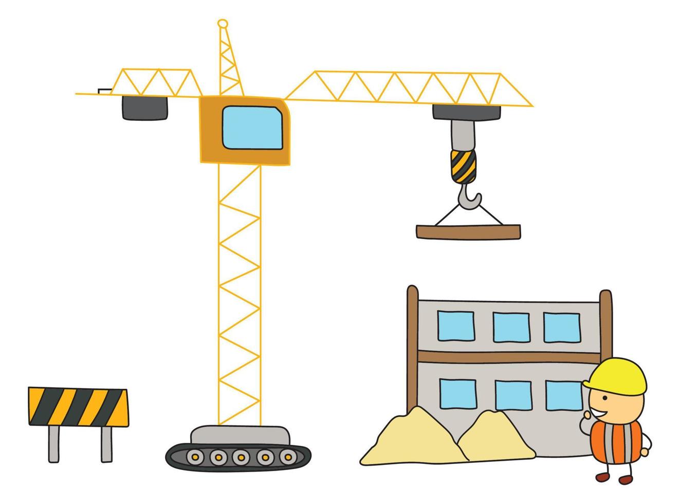 Kids drawing vector Illustration of building construction scene with worker and tower crane in a cartoon style.