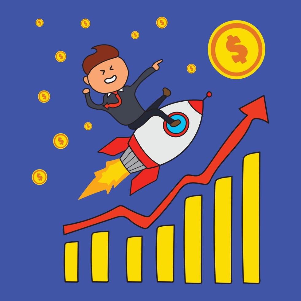 Vector Illustration kids drawing of business man rides a rocket spaceship illustrating stock goes up and Investment success in a cartoon style