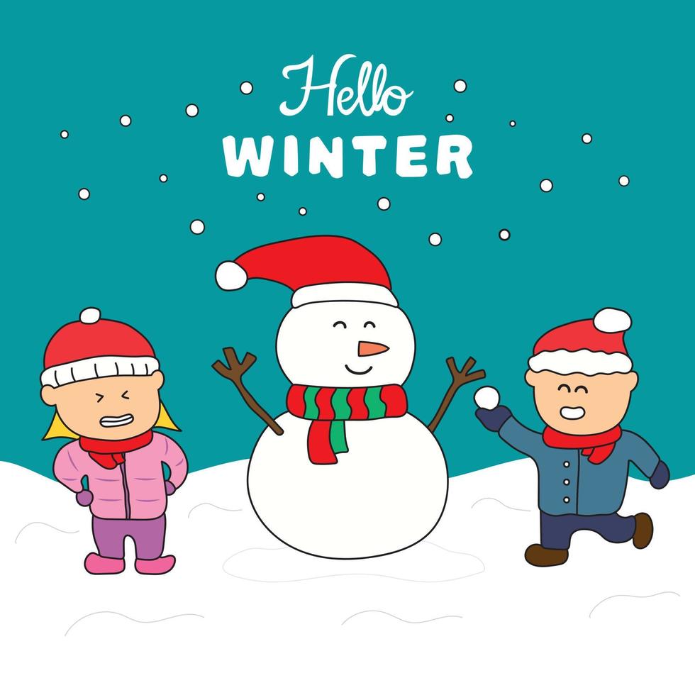 Vector kids drawing Hello winter typography with children building a snowman for christmas in a cartoon style
