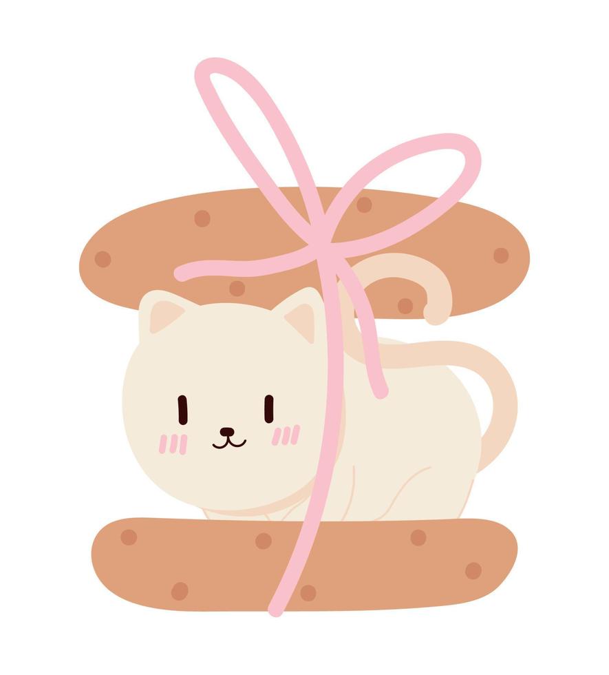 gato y pan kawaii vector