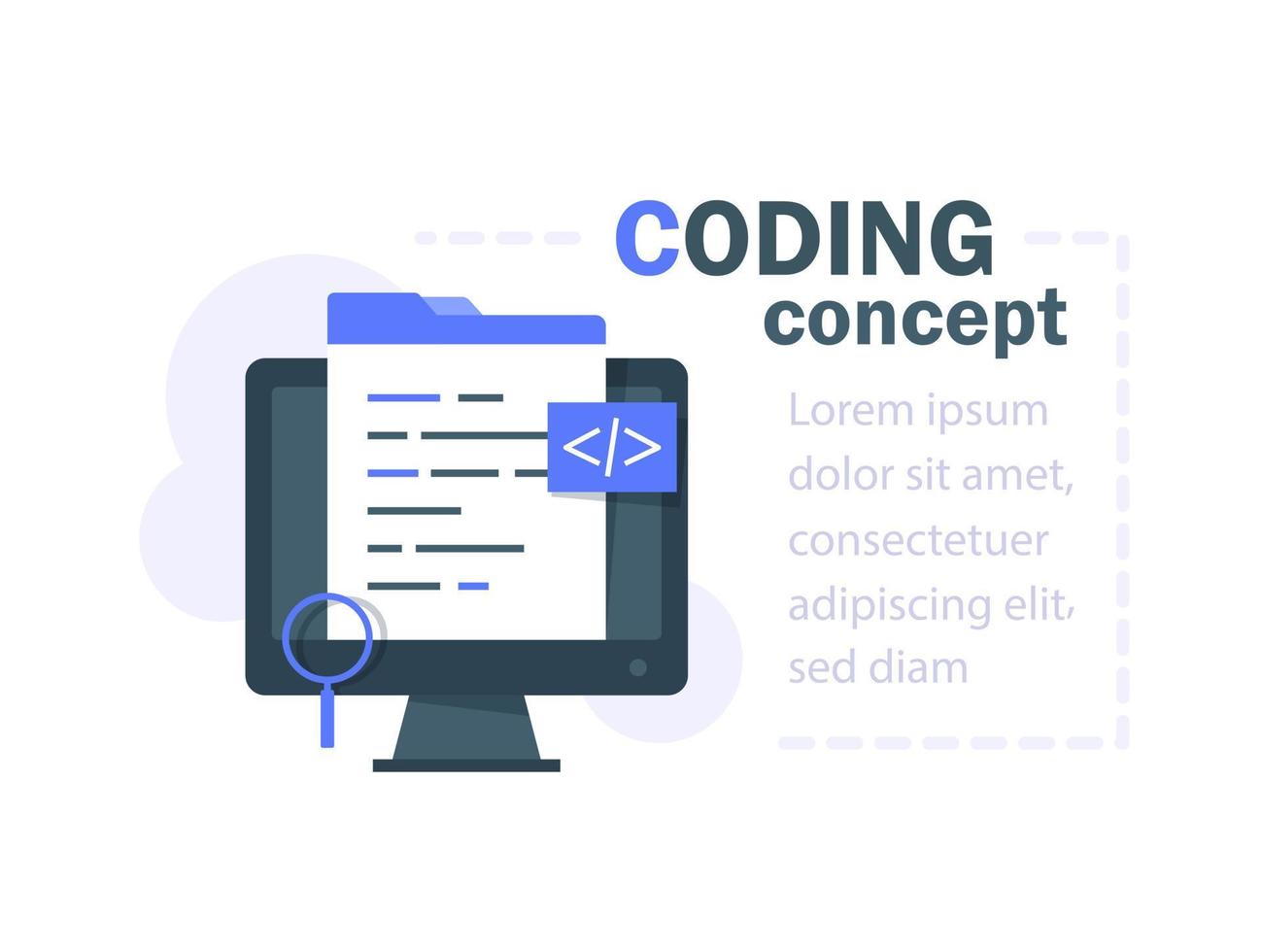 Code writing concept, software development, code script, vector flat illustration