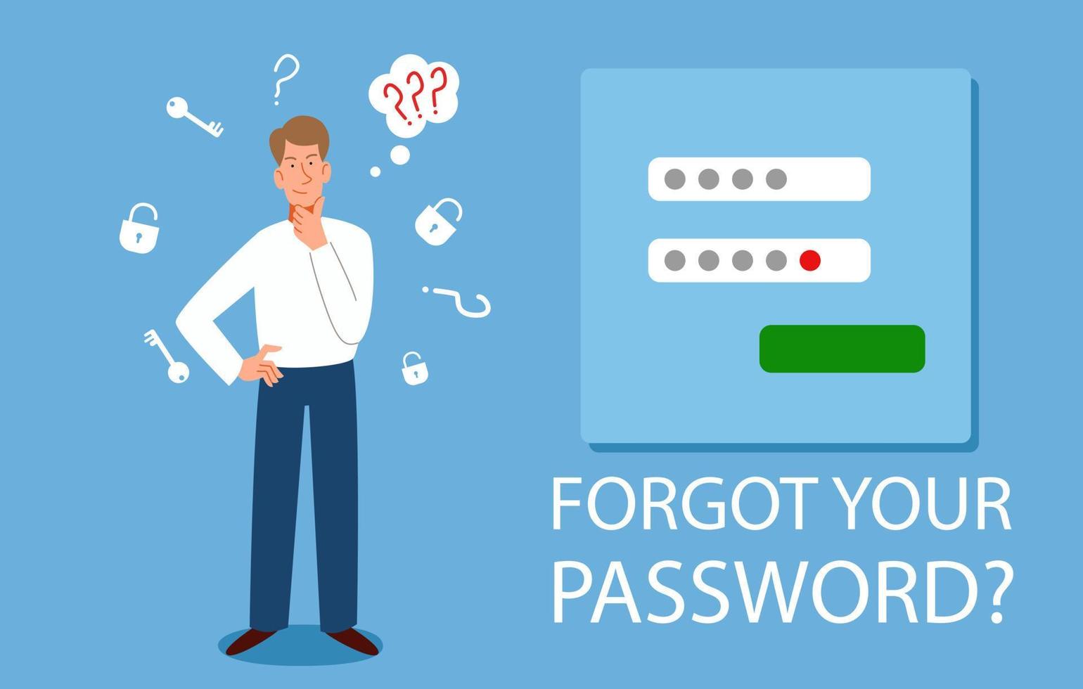 el hombre olvidó sus datos personales. el concepto de un protector de pantalla web con una contraseña olvidada. vector