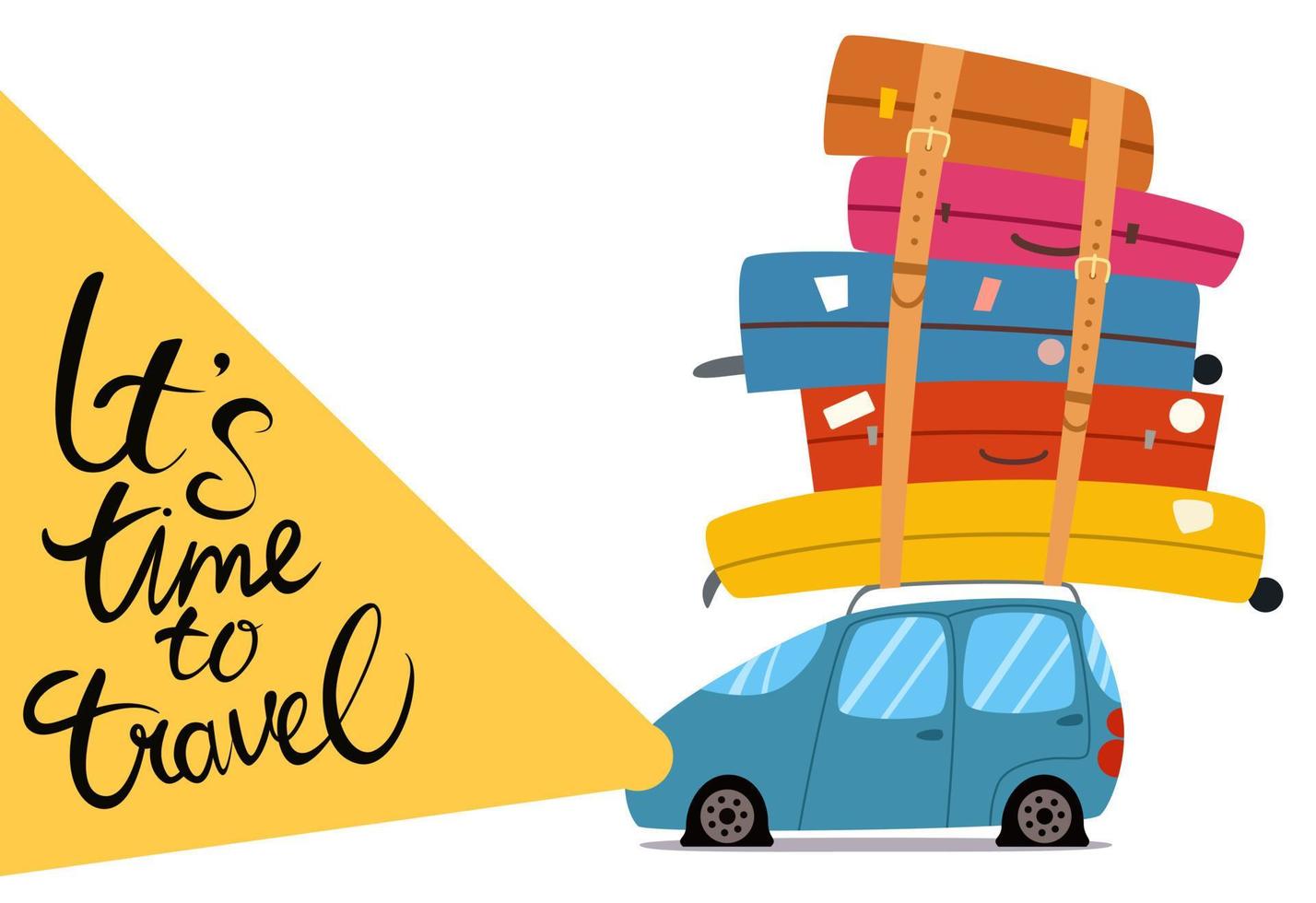 The inscription It s time to travel. A car with a bunch of suitcases on the roof.Vector illustration in a flat style on the theme of travel. vector
