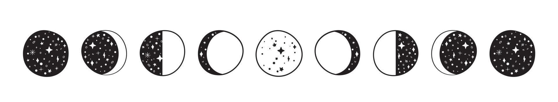 siluetas de fases lunares con estrellas. creciente, nuevo, lleno, superficie y eclipse. vector