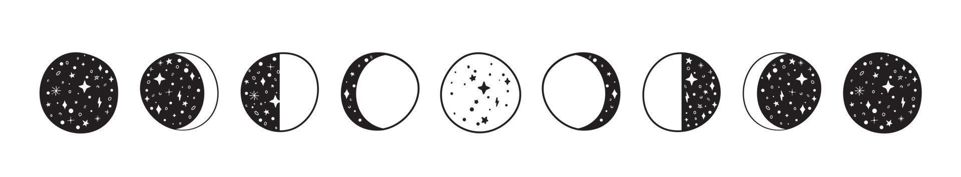 Moon phases silhouettes with stars. Crescent, new, full, surface and eclipse. vector