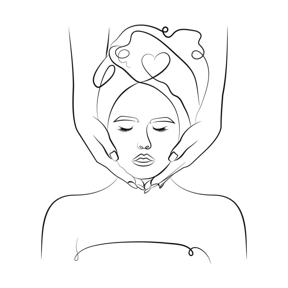 la chica cuida su rostro. cuidado facial, dibujo de una línea, arte lineal vector