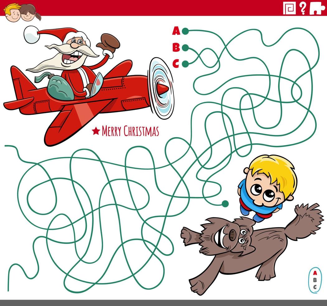 maze game with cartoon Santa Claus in airplane and boy vector