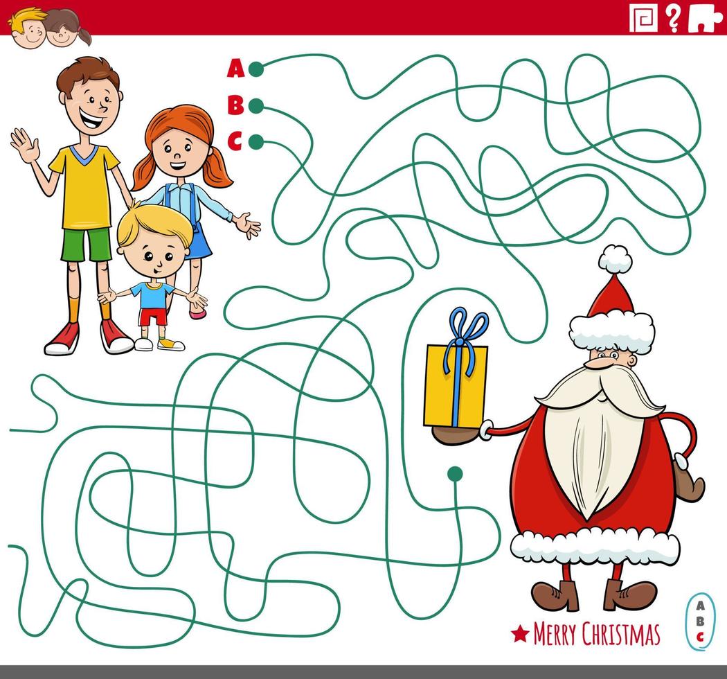 maze game with cartoon Santa Claus with gift and kids vector