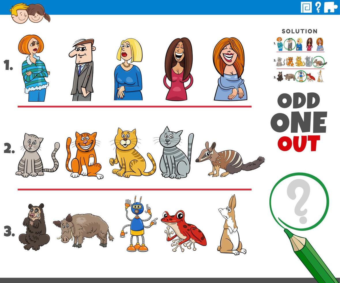 odd one out task with cartoon people and animal characters vector