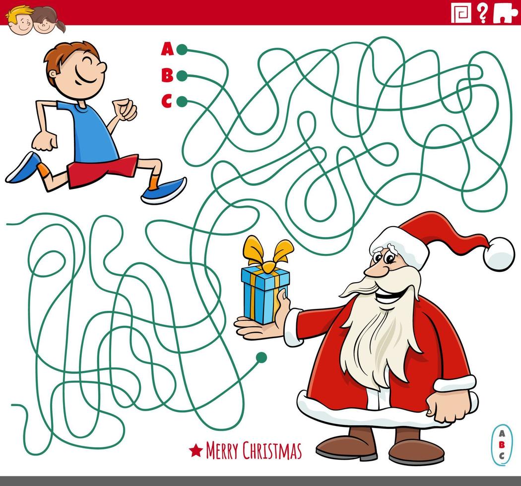 maze with cartoon Santa Claus with present and little boy vector