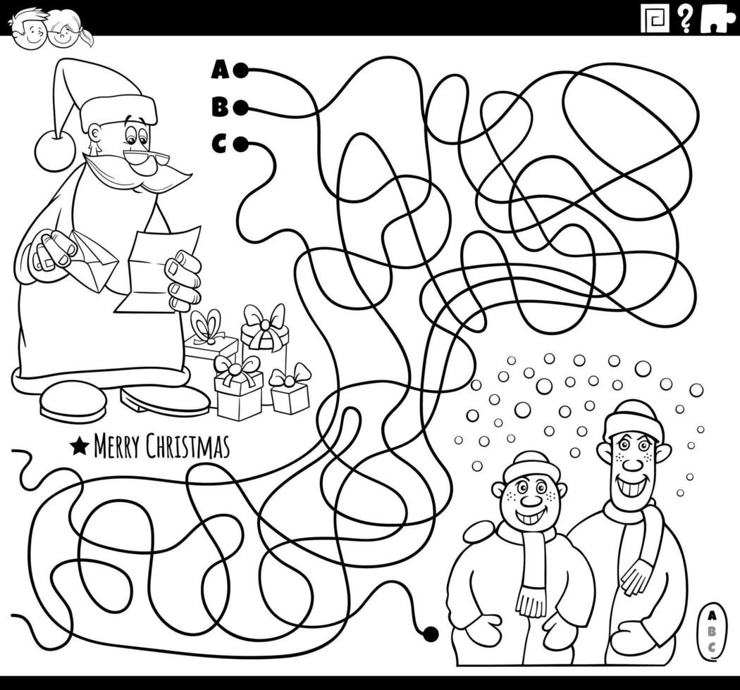 maze with Santa Claus with gifts and boys coloring page vector