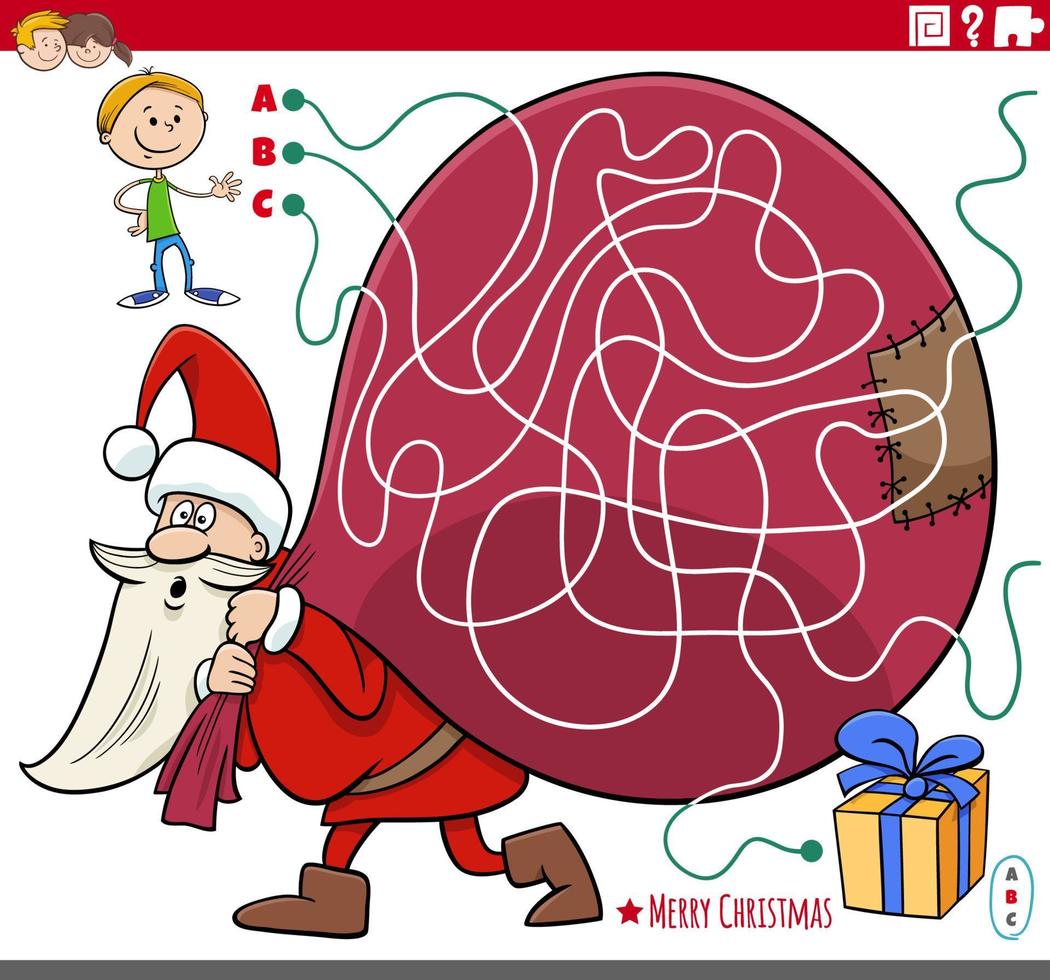 maze game with cartoon Santa Claus with sack of gifts and boy vector