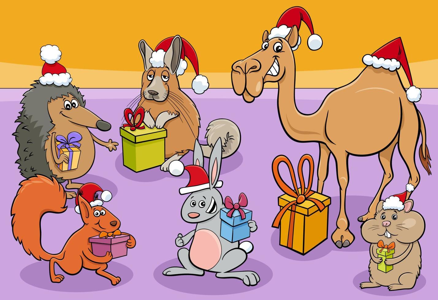 divertido grupo de personajes de animales de dibujos animados con regalos de navidad vector