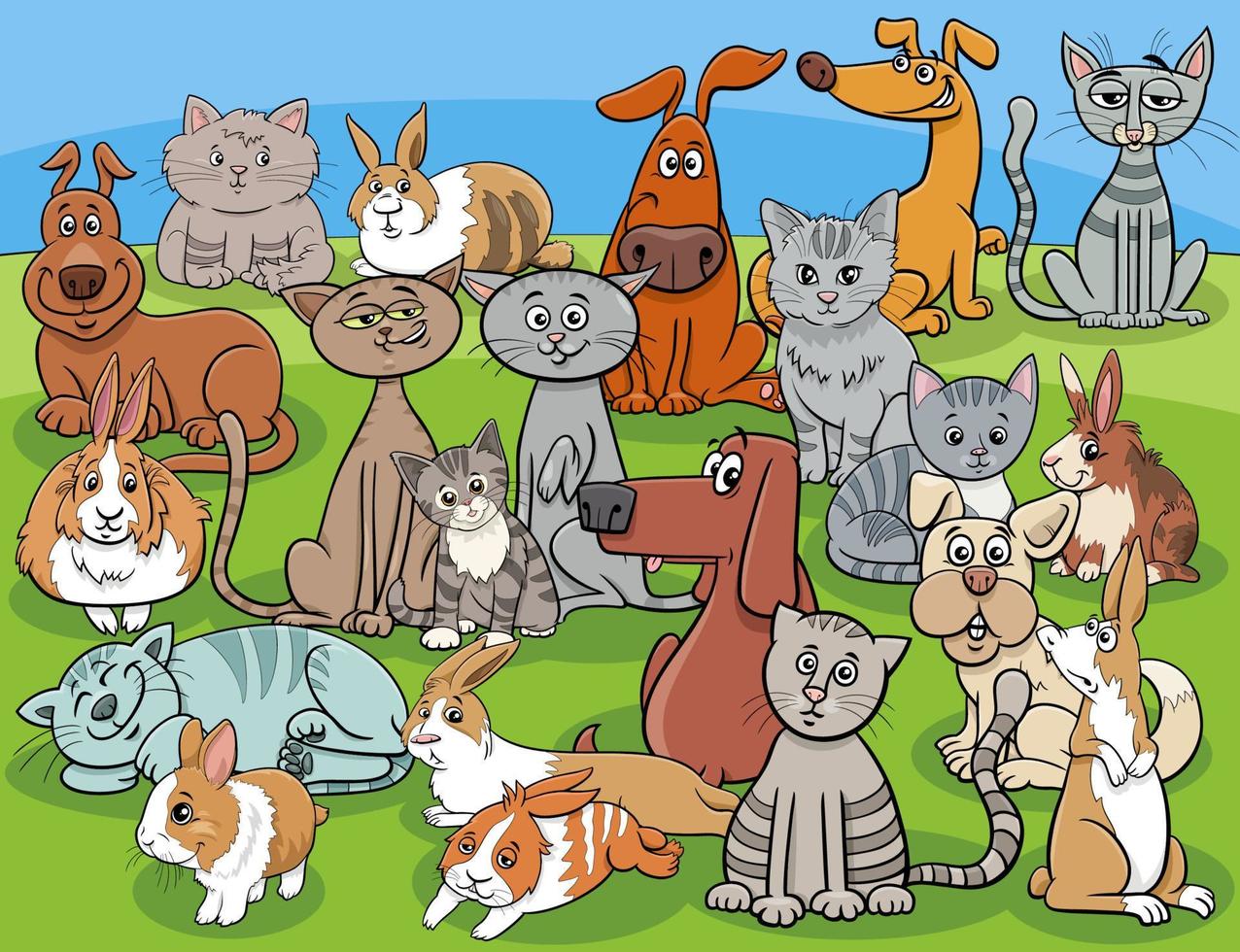 funny dogs and cats and rabbits cartoon characters group vector