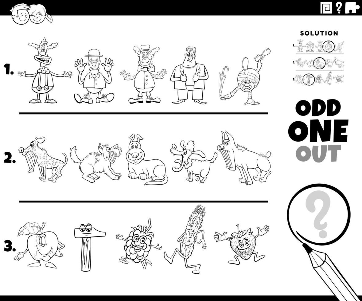 odd one out puzzle with cartoon characters coloring page vector