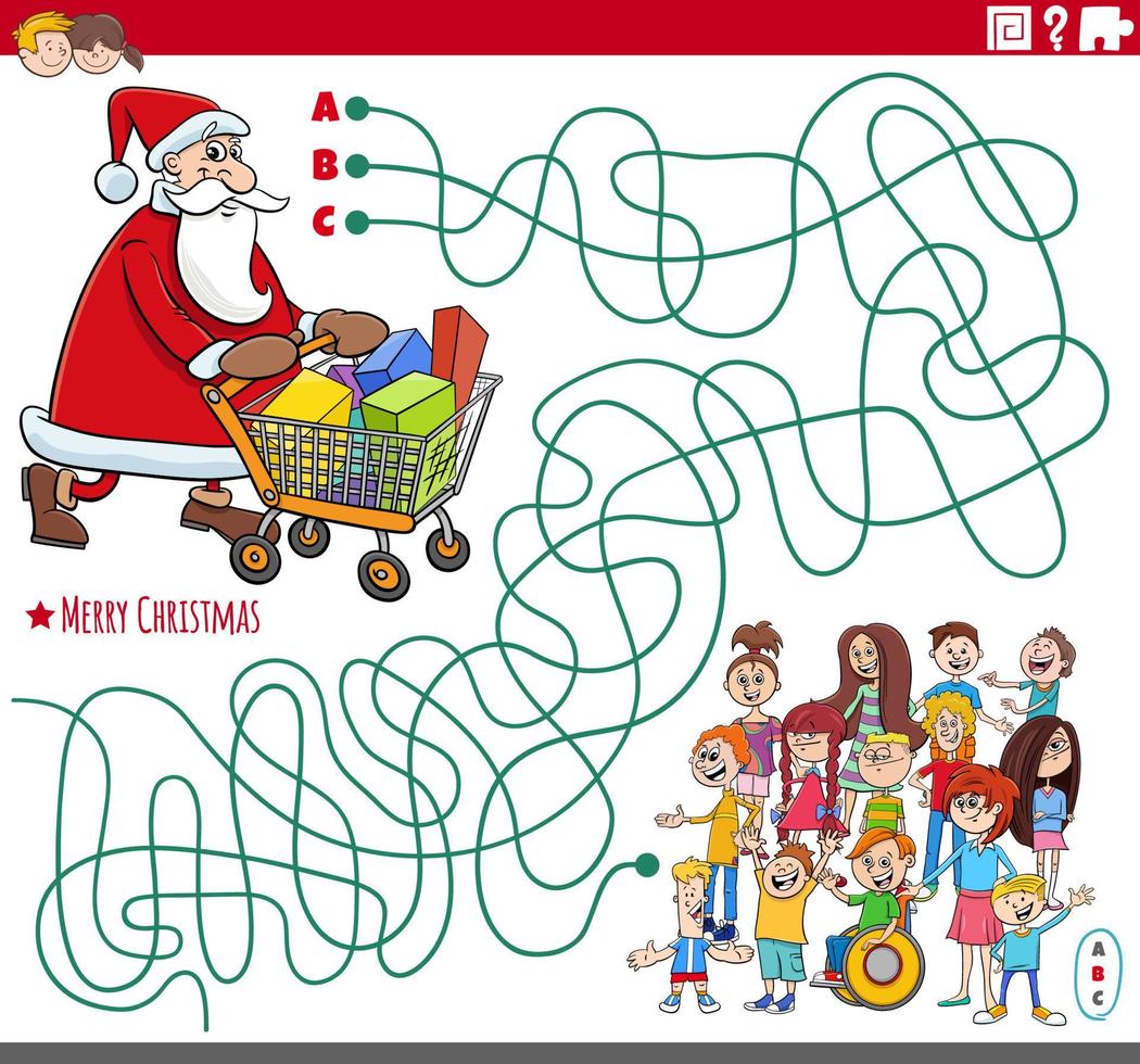 maze game with cartoon Santa Claus with gifts and children vector