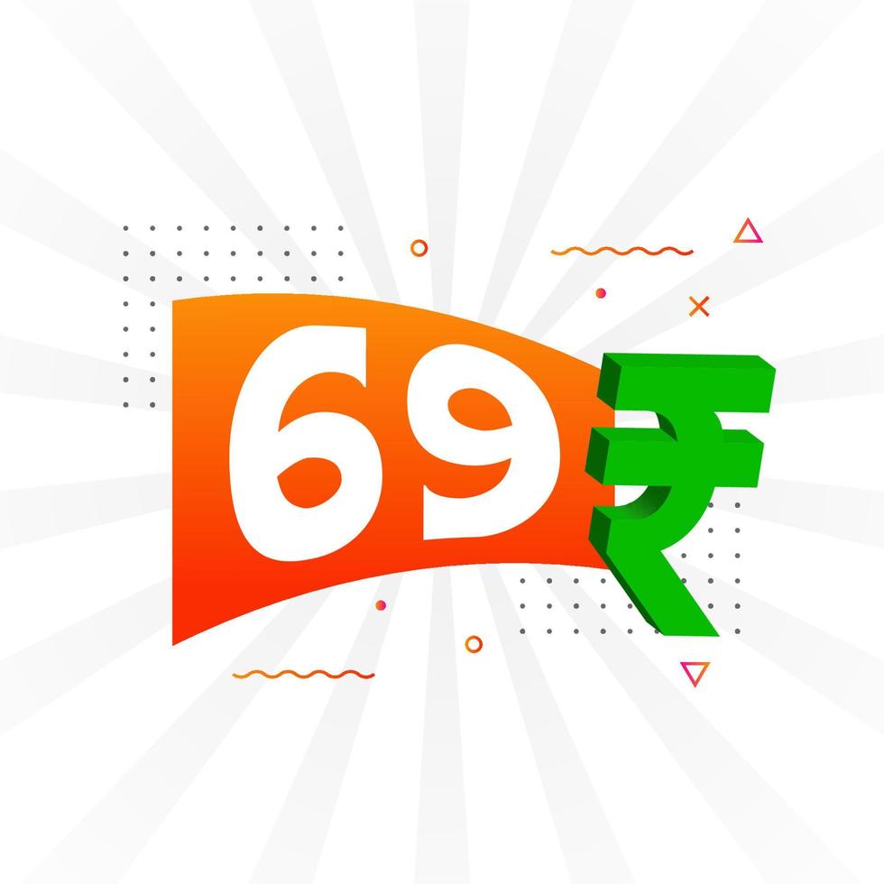 Imagen de vector de texto en negrita de símbolo de 69 rupias. 69 rupia india signo de moneda ilustración vectorial